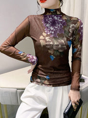 Floral Printed See-Through Split-Joint Long Sleeves Plus Size High Neck T-Shirts