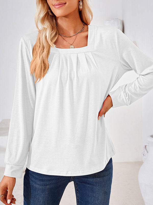 Pleated Solid Color Long Sleeves Loose Square-Neck T-Shirts Tops