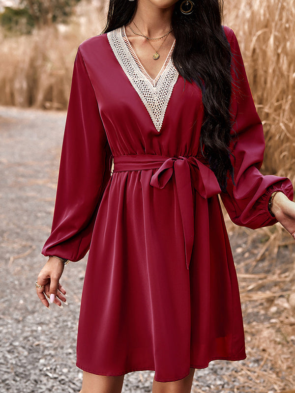 Elasticity Hollow Split-Joint Tied Waist Long Sleeves Loose V-Neck Mini Dresses