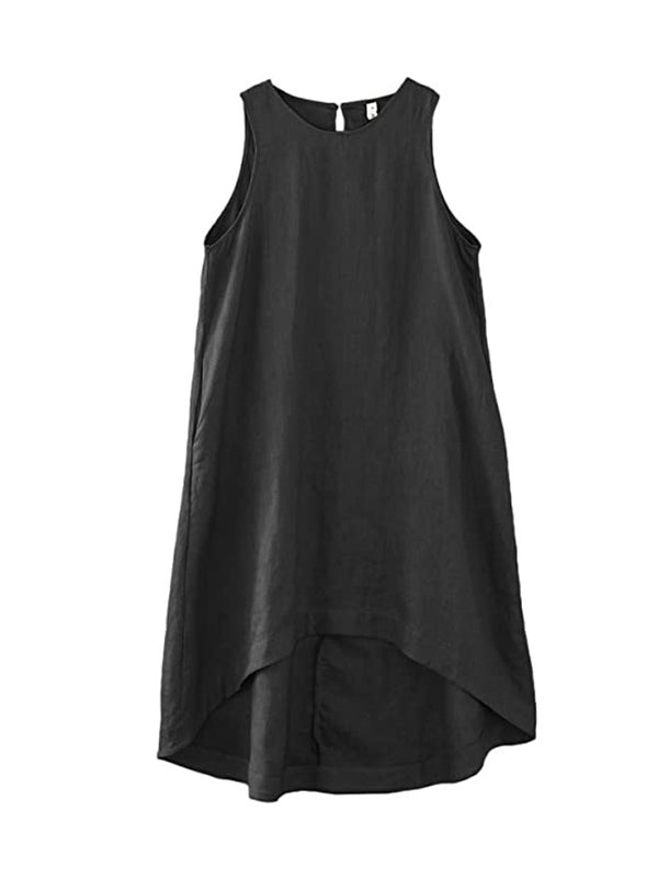Solid Color High-Low Loose Round-Neck Midi Dresses