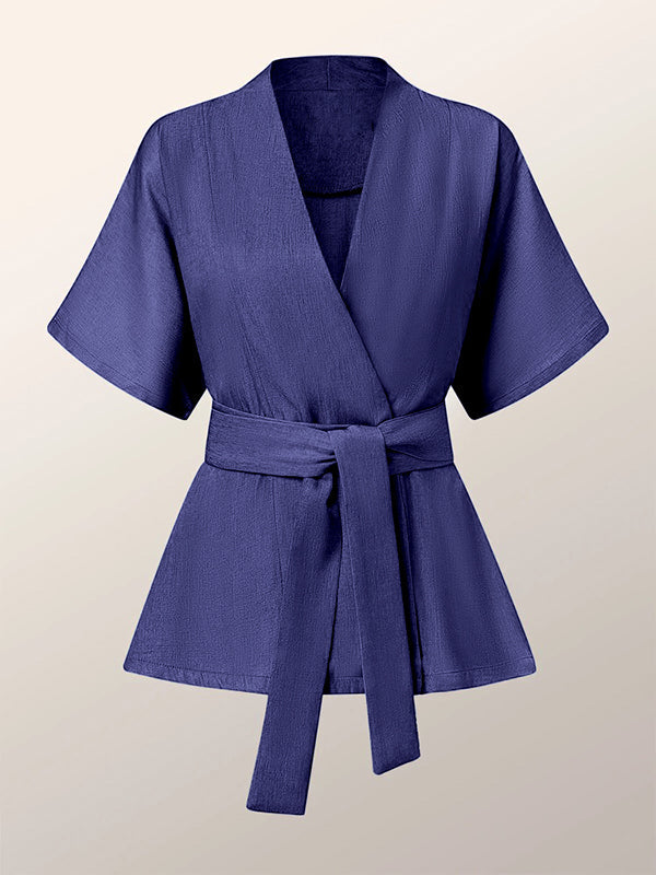 Solid Color Tied Waist Loose Short Sleeves V-Neck Blouses&Shirts Tops