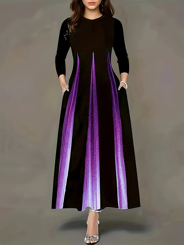 Gradient Pockets Printed Split-Joint A-Line High Waisted Round-Neck Maxi Dresses