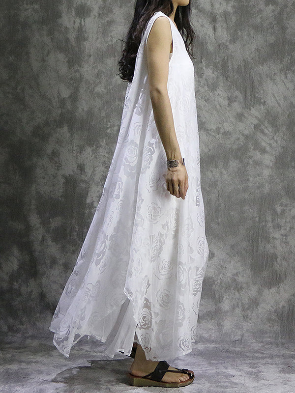 Flower Print Solid Color False Two Loose V-Neck Midi Dresses