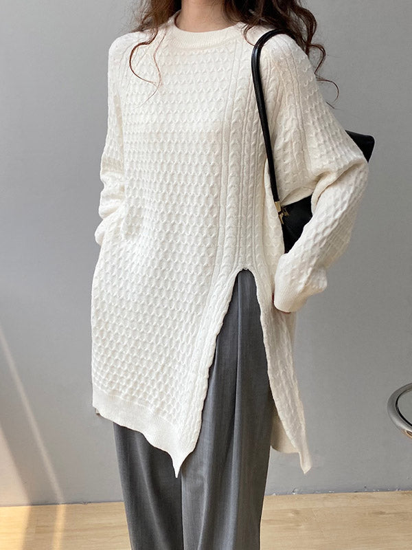 Original Irregular 5 Colors Split-Side Round-Neck Long Sleeves Sweater Top