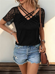Solid Color Split-Joint Loose Short Sleeves V-Neck T-Shirts Tops