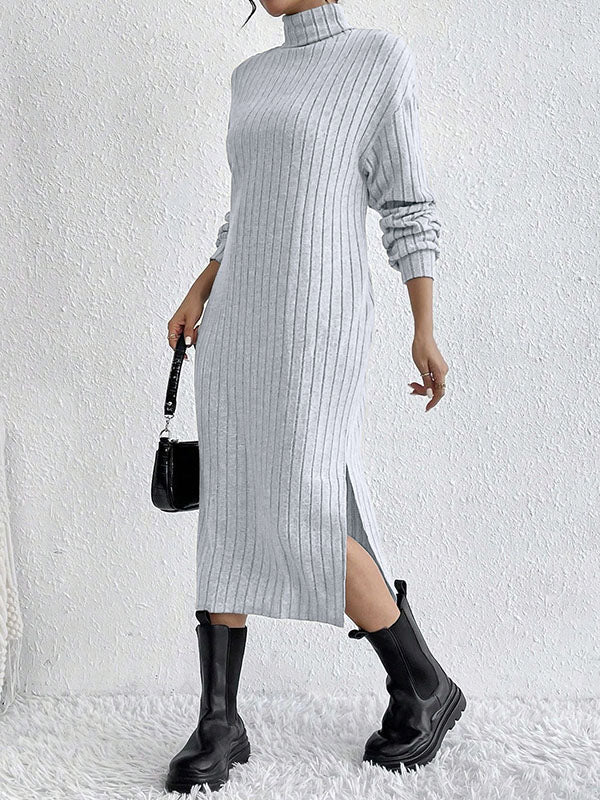 No Belt Solid Color Split-Side Long Sleeves Loose High Neck Midi Dresses