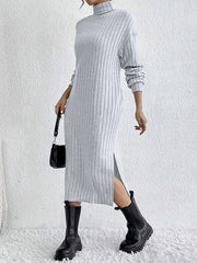 No Belt Solid Color Split-Side Long Sleeves Loose High Neck Midi Dresses