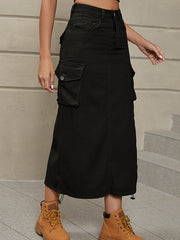 Buttoned Drawstring Pockets Solid Color Split-Side A-Line Skirts Bottoms