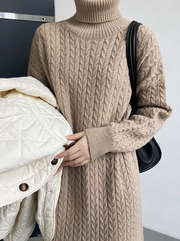 Stylish Loose Long Sleeves Solid Color High-Neck Twist Sweater Dresses