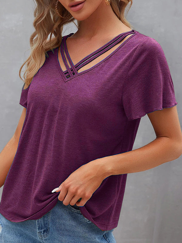 Hollow Solid Color Split-Joint Loose Plus Size V-Neck T-Shirts Tops