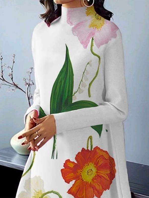 Flower Print Long Sleeves Loose High Neck Midi Dresses