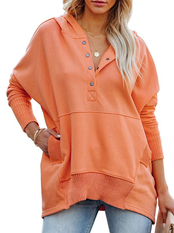 Buttoned Hooded Split-Joint Batwing Sleeves Long Sleeves V-Neck Hoodies Tops