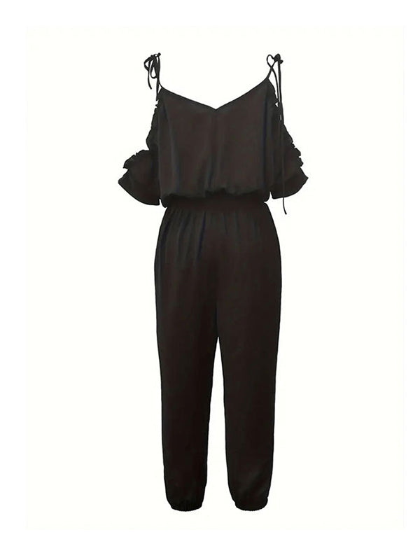 Elasticity Pleated Solid Color Tied High Waisted Sleeveless Cold Shoulder Jumpsuits