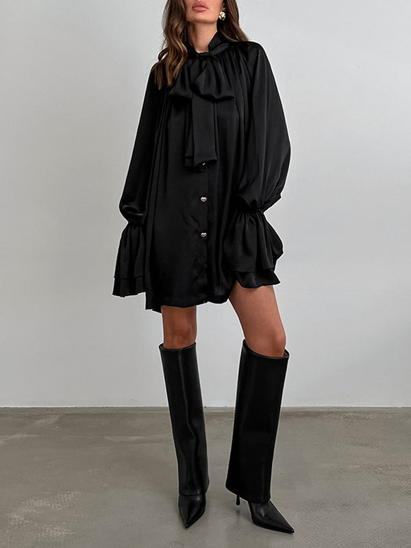 Buttoned Elasticity Pleated Solid Color Tied Zipper A-Line Flared Sleeves Stand Collar Mini Dresses