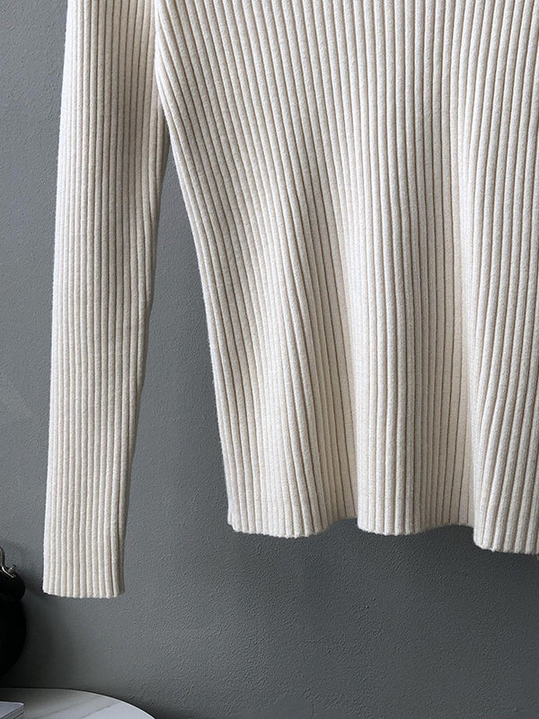 Simple Long Sleeves Skinny Leg Solid Color High-Neck Sweater Tops
