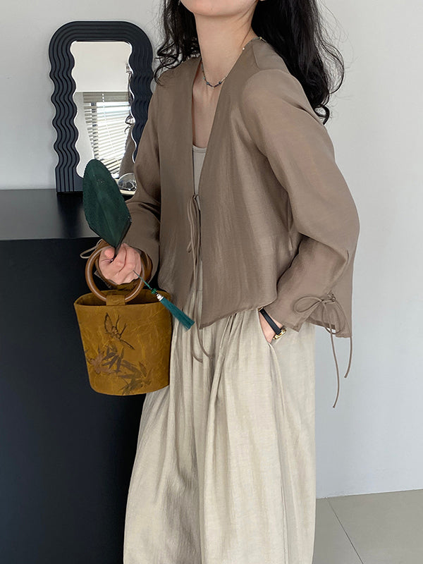 Long Sleeves Lace-Up See-Through Solid Color Blouses&Shirts Tops