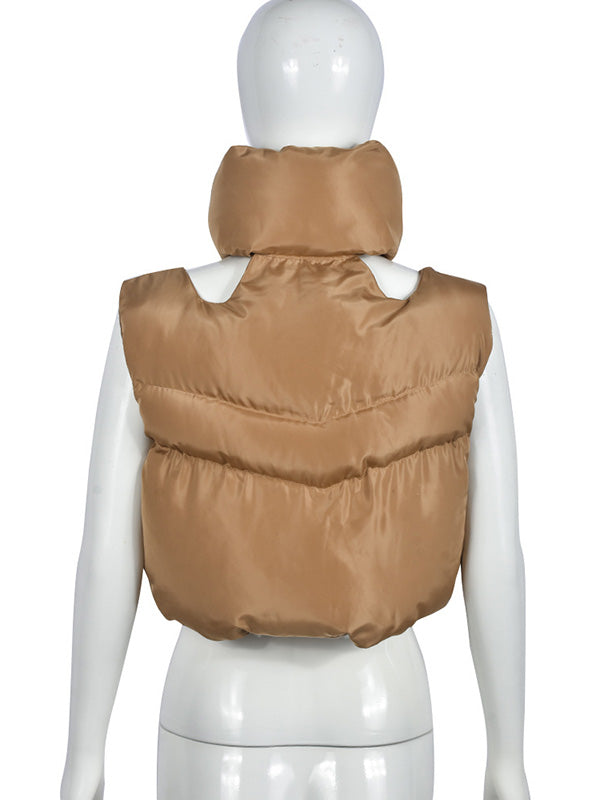 Hollow Solid Color Zipper Loose Sleeveless Stand Collar Padded Vest