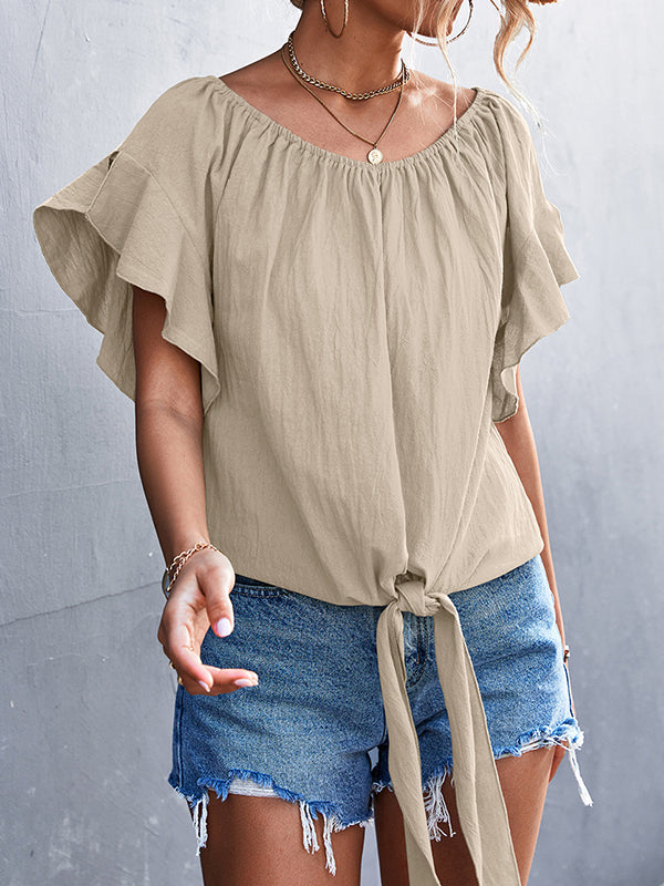 Elasticity Falbala Pleated Solid Color Tied Loose Short Sleeves Round-Neck T-Shirts Tops