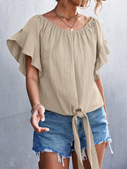 Elasticity Falbala Pleated Solid Color Tied Loose Short Sleeves Round-Neck T-Shirts Tops
