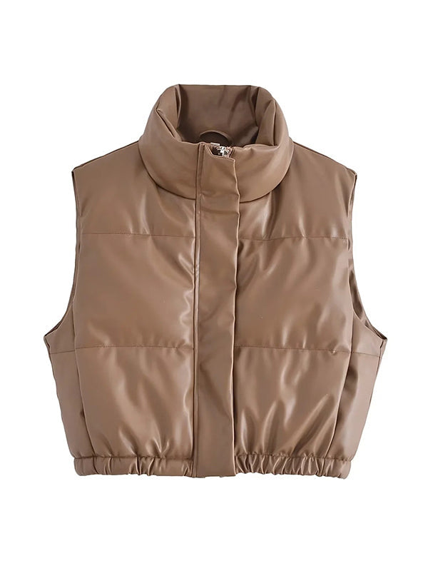 Drawstring Elasticity Solid Color Split-Joint Zipper Skinny Sleeveless Stand Collar Padded Vest