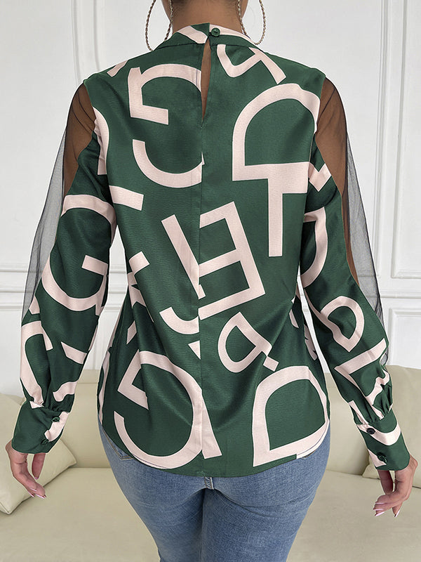 Buttoned Hollow Letter Print See-Through Split-Joint Long Sleeves Round-neck Shirts Tops Blouses&shirts Tops