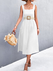 Pleated Solid Color Split-Joint High Waisted Sleeveless U-Neck Midi Dresses