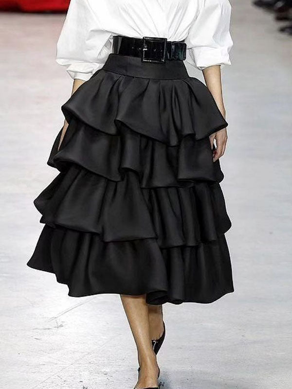 Falbala Layered Solid Color A-Line Loose Skirts Bottoms
