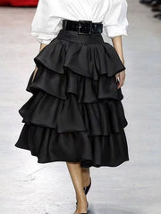 Falbala Layered Solid Color A-Line Loose Skirts Bottoms