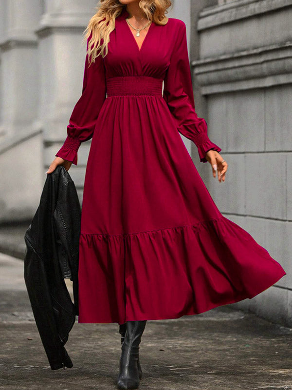 Elasticity Pleated Solid Color A-Line Flared Sleeves V-Neck Midi Dresses