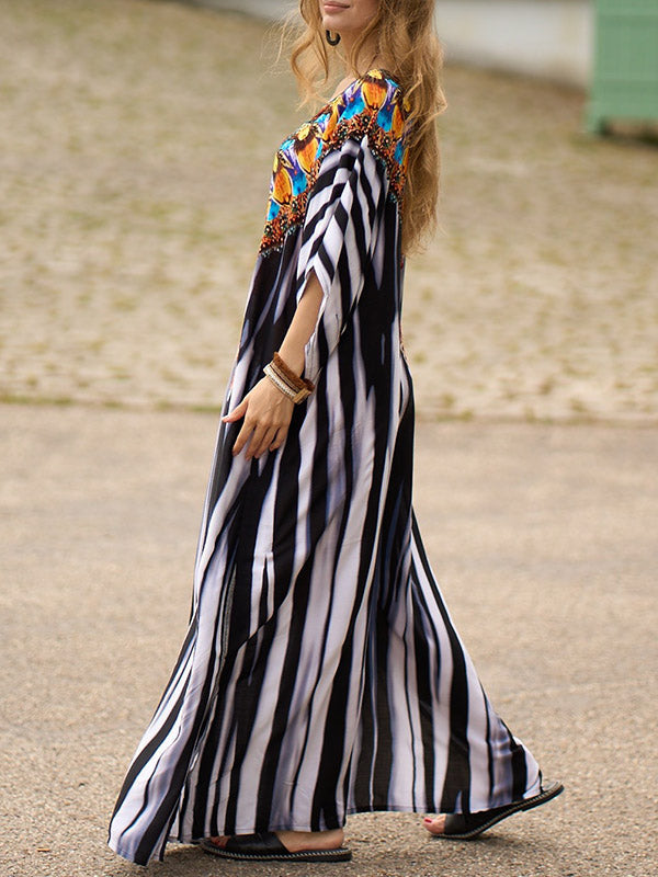 Printed Split-side Striped Batwing Sleeves Loose V-neck Maxi Dresses Beach Cover-Up