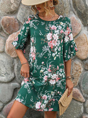Flower Print Hollow Half Sleeves Loose Round-Neck Mini Dresses