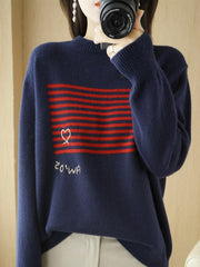 Casual Loose Long Sleeves Striped Round-Neck Sweater Tops