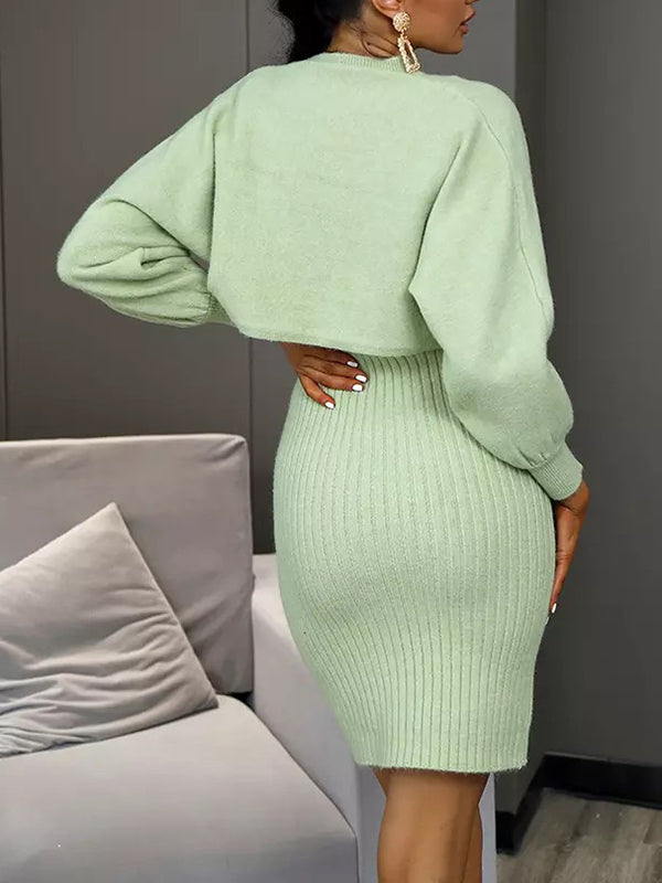 Round-Neck Long Sleeves Solid Color Sweater Top + Inner Dress Two Pieces Set