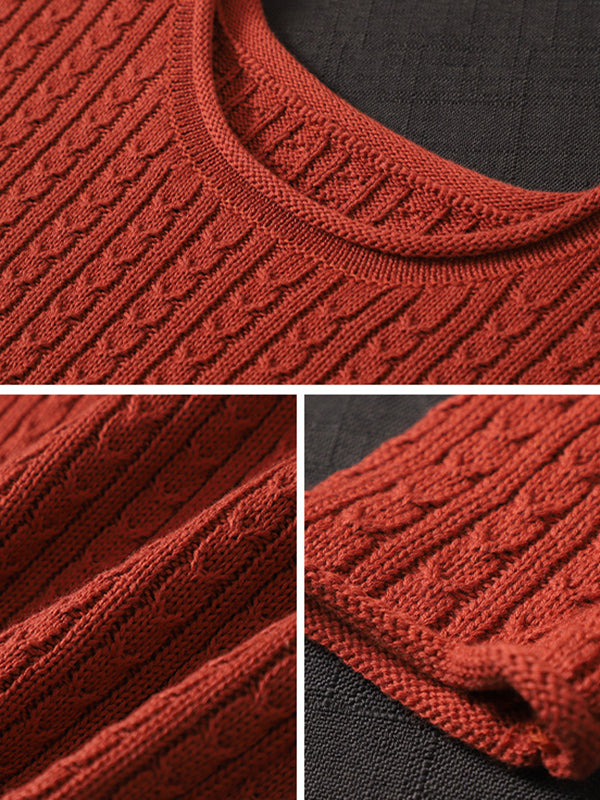Artistic Retro Loose Long Sleeves Jacquard Solid Color Round-Neck Sweater Tops