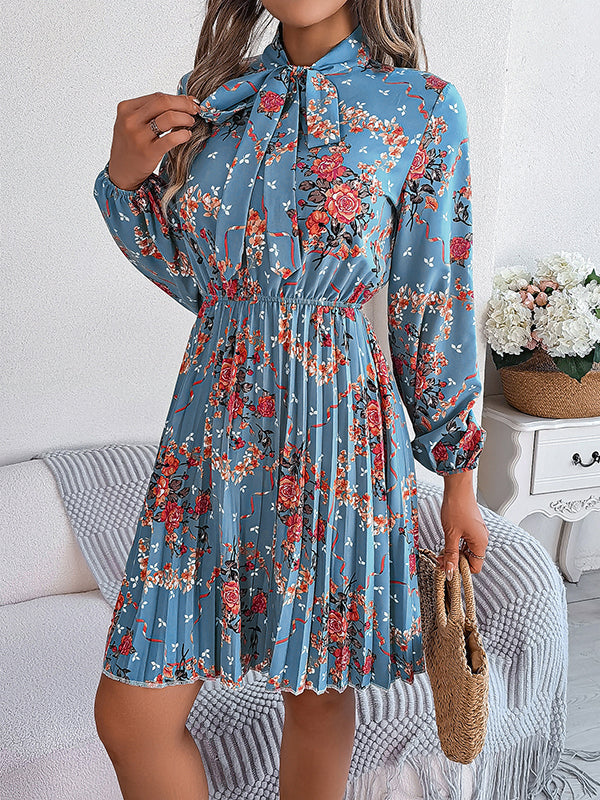 Elasticity Flower Print Pleated Tied Long Sleeves Loose Round-Neck Mini Dresses