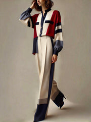 Buttoned Contrast Color Split-Joint Long Sleeves Loose Stand Collar Blouses&Shirts Tops