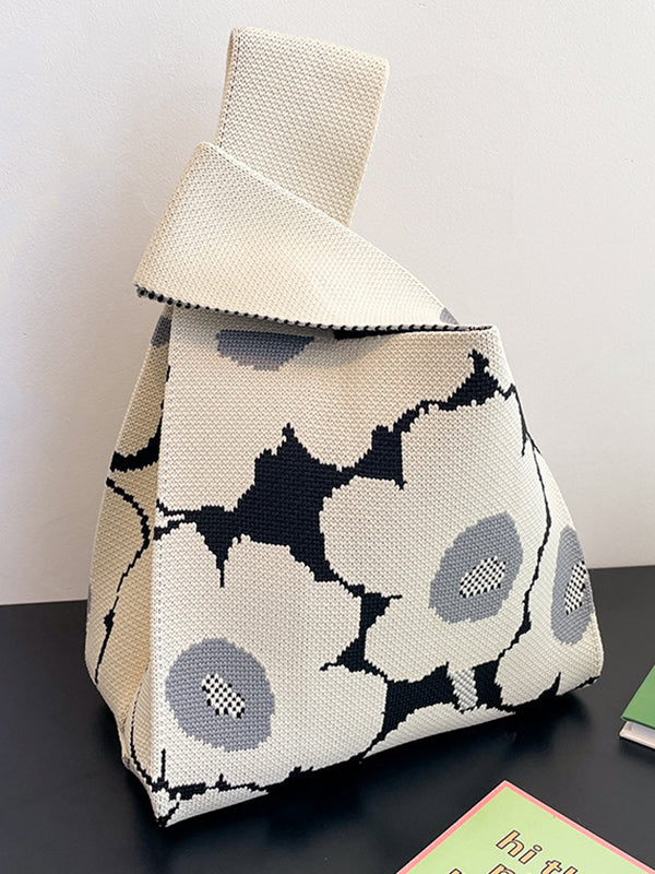 Contrast Color Floral Printed Woven Woven Handbag