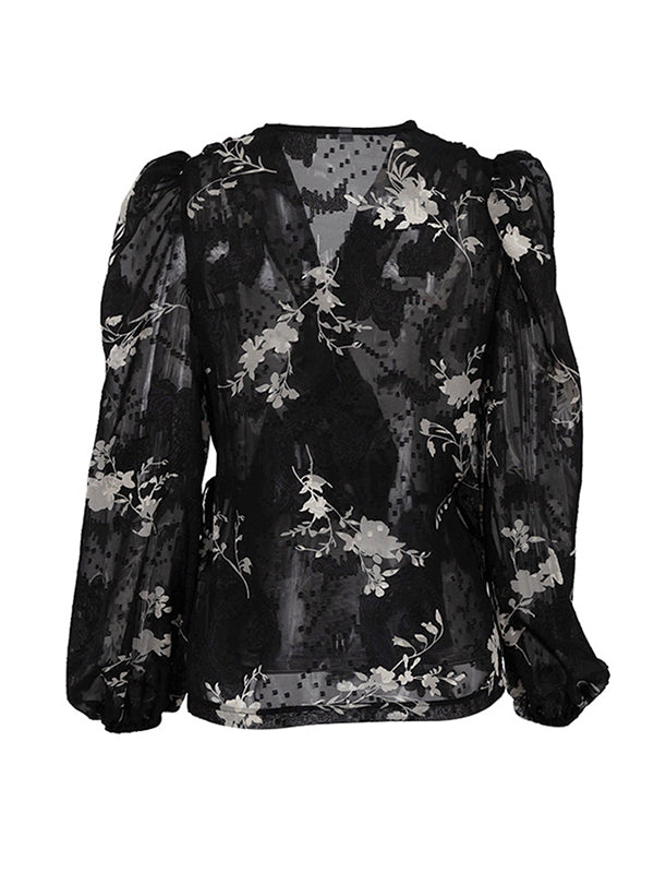 Gauze Jacquard Lace-Up Pleated See-Through Loose Puff Sleeves V-Neck Blouses&Shirts Tops