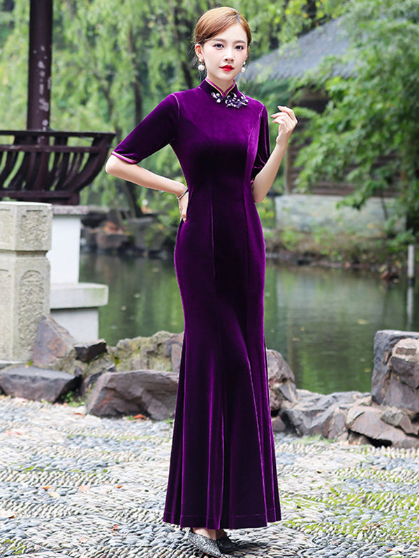 Original Applique Pleuche Stand Collar Half Sleeves Long Cheongsams