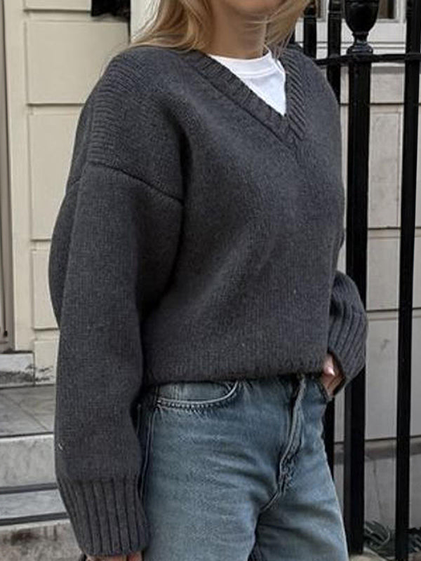 Ribs Solid Color Long Sleeves Loose V-Neck Sweater Tops