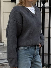Ribs Solid Color Long Sleeves Loose V-Neck Sweater Tops