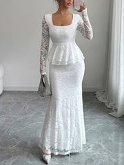 Flower Print Ruffled See-Through Solid Color Split-Joint Bodycon Long Sleeves Square-Neck Maxi Dresses