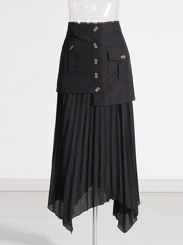 Asymmetric Buttoned Pleated Split-Joint Zipper A-Line Loose Skirts Bottoms
