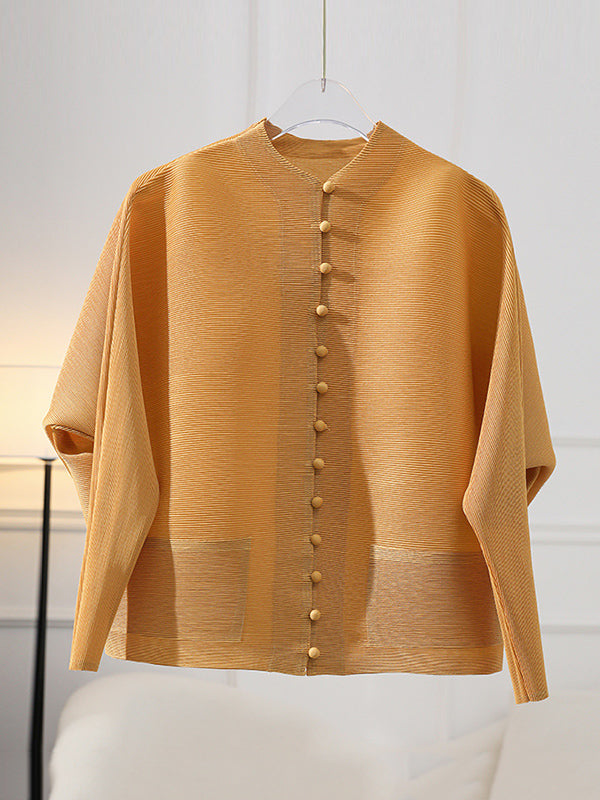 Buttoned Pleated Pockets Solid Color Long Sleeves Loose Round-Neck Outerwear