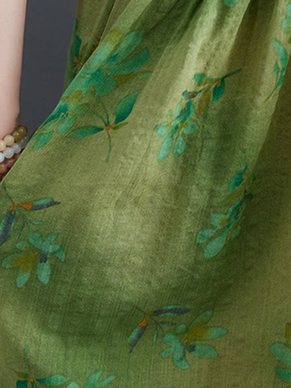 Floral Printed Loose Short Sleeves Round-Neck Midi Dresses