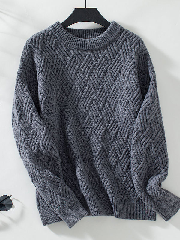 Solid Color Split-Joint Long Sleeves Loose Round-Neck Sweater Tops Pullovers