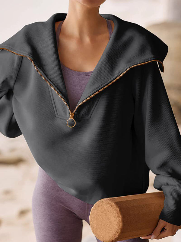 Solid Color Zipper Long Sleeves Loose Lapel Sweatshirt Tops
