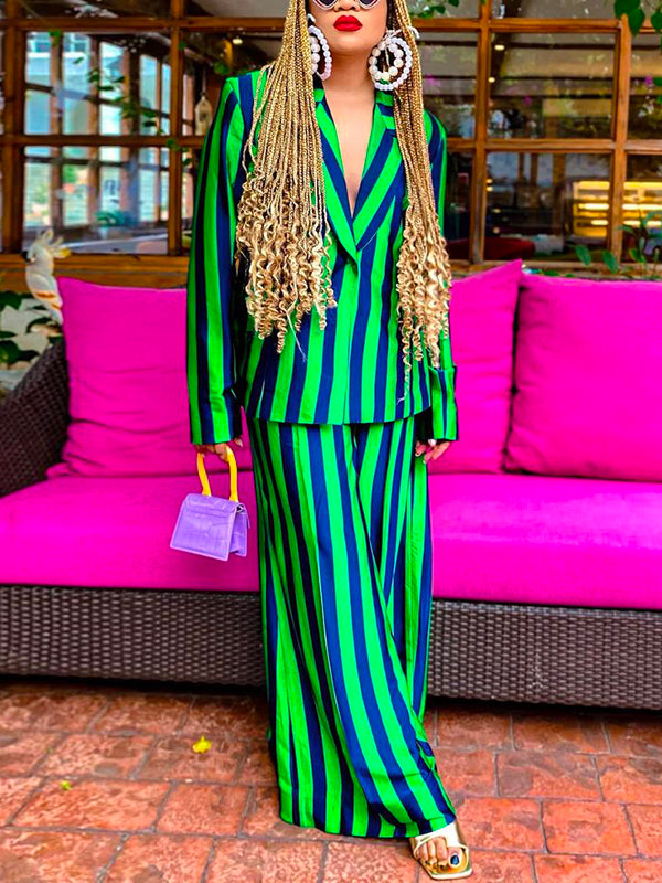 Contrast Color Split-Joint Striped Long Sleeves Loose Lapel Blazer
