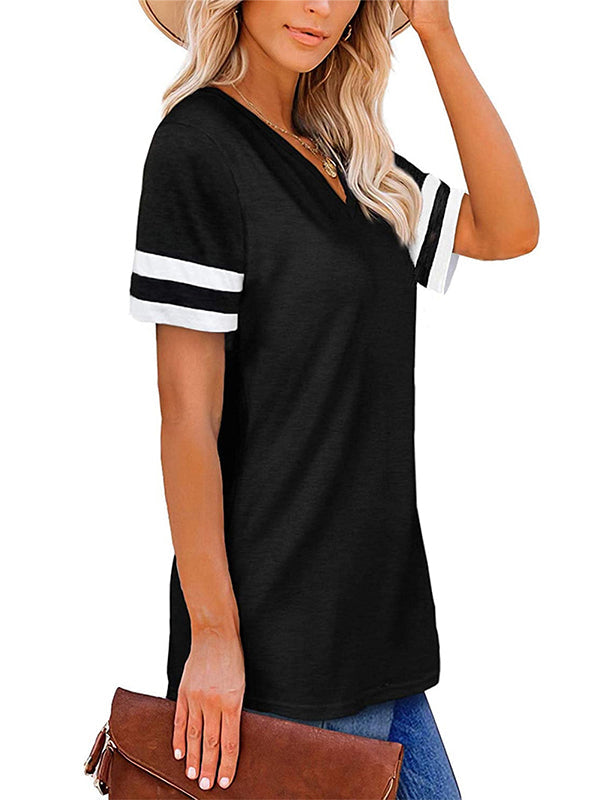 Contrast Color Striped Loose Short Sleeves V-Neck T-Shirts