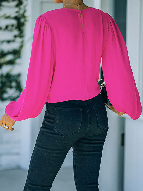 Elasticity Hollow Solid Color Tied Long Sleeves Loose Round-Neck T-Shirts Tops